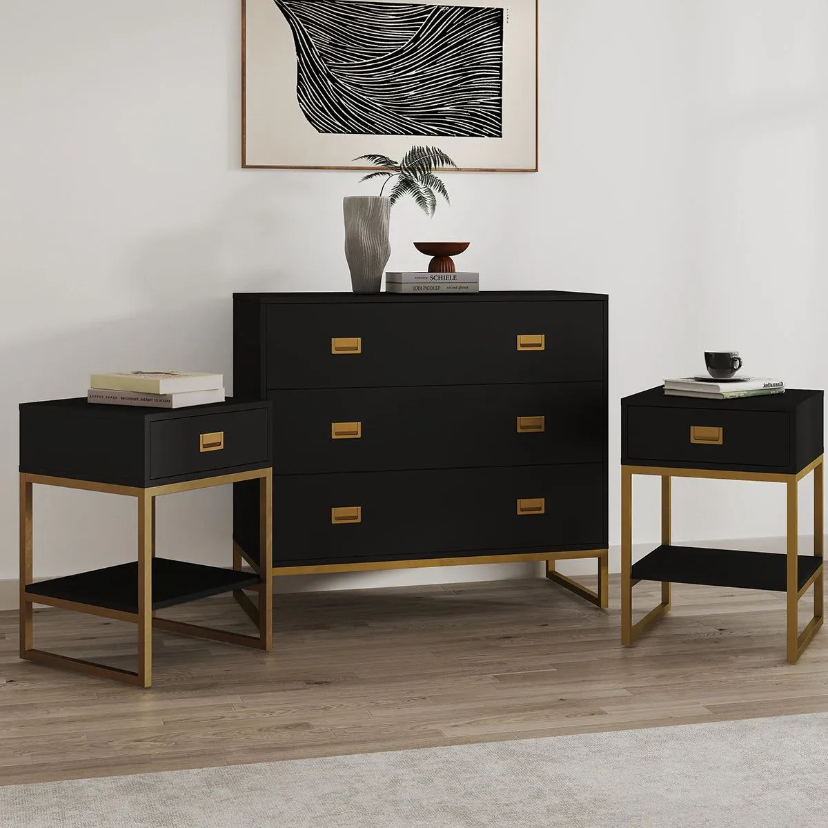 Melody Maison Large 3 Drawer Chest Of Drawers & Pair Of Bedside Tables - Elle Black Range