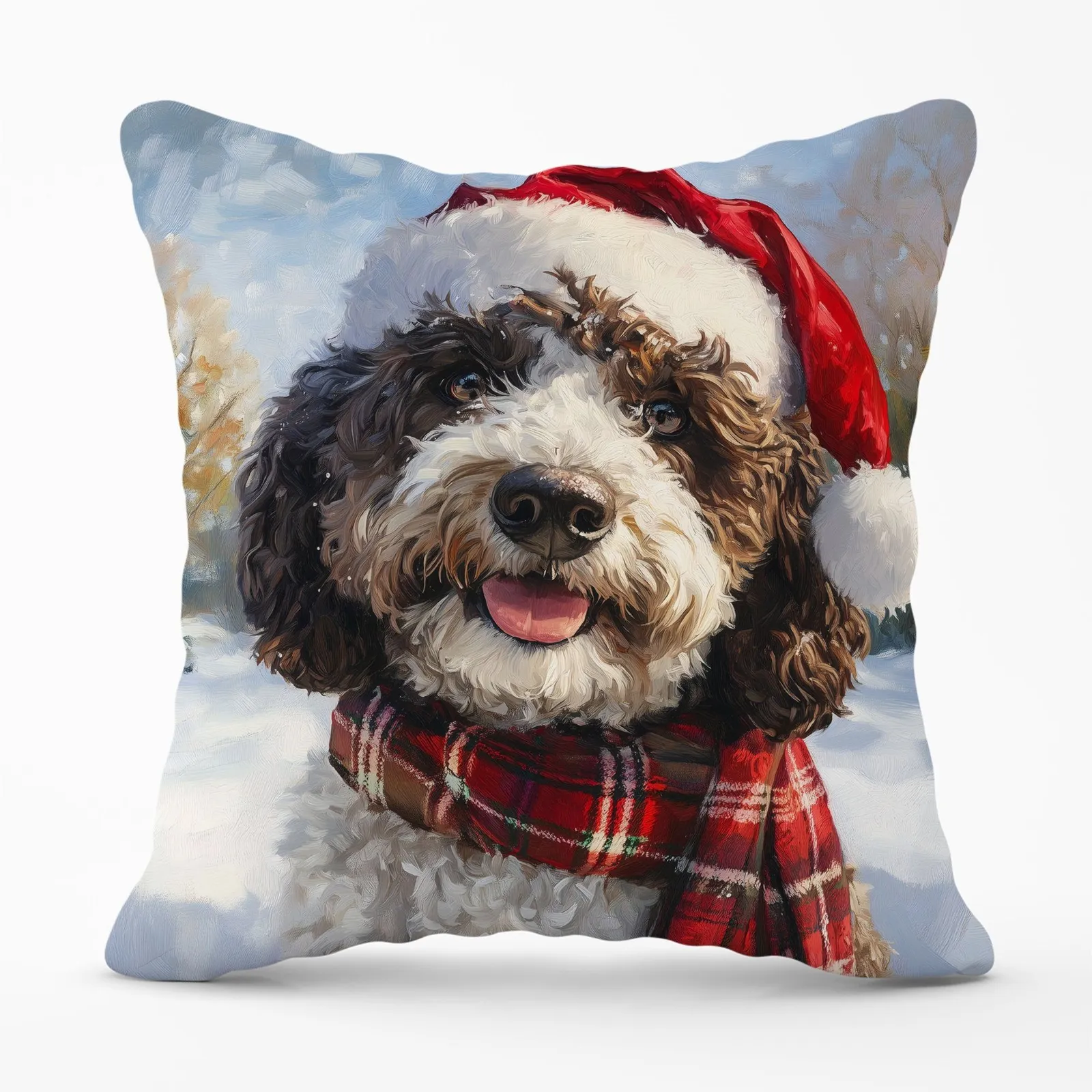 Warren Reed - Designer Snowy Christmas Spanish Water Dog Cushion in Brown