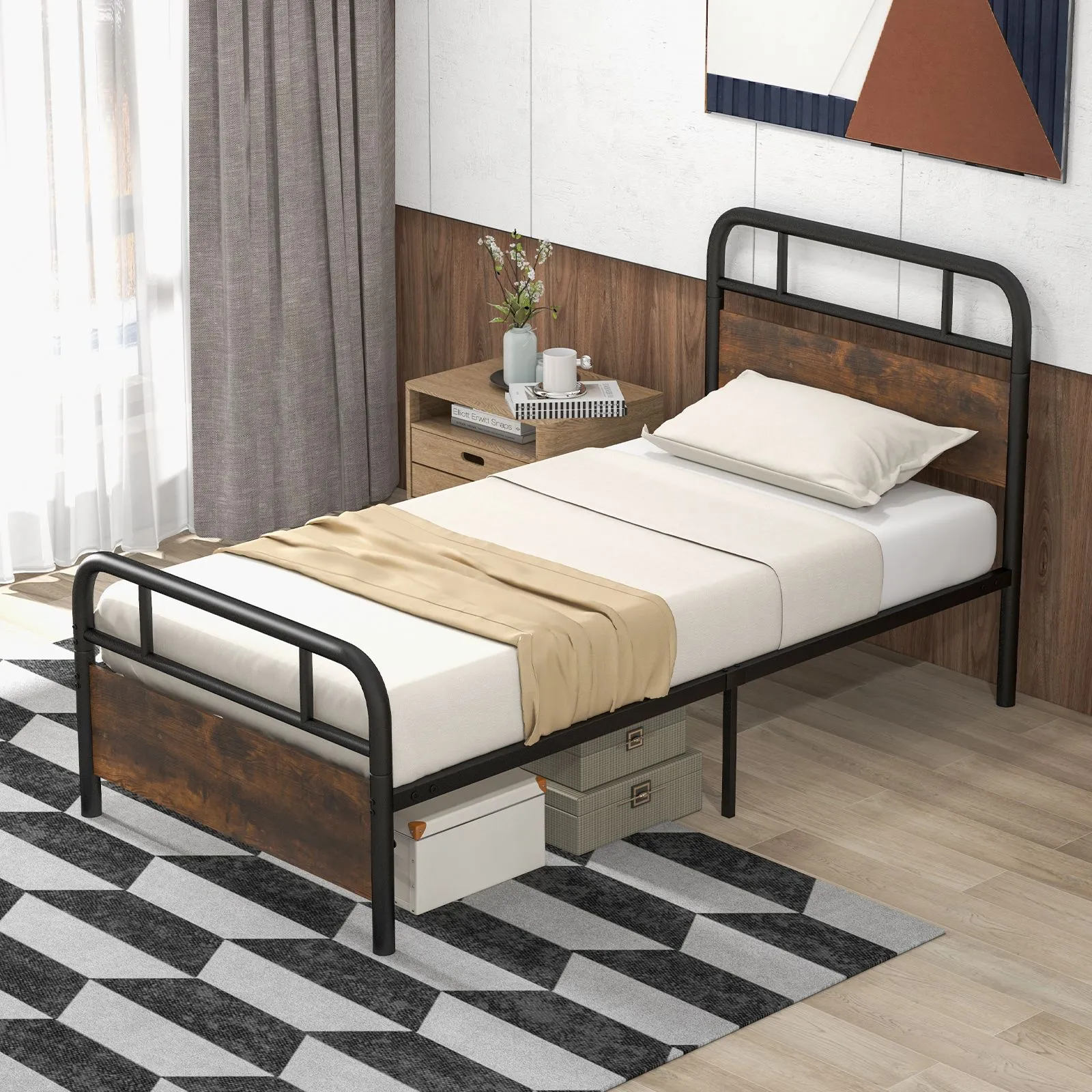 Costway Single Size Bed Frame Platform Metal Slats Support Bed W/ Industrial Headboard in Black 2