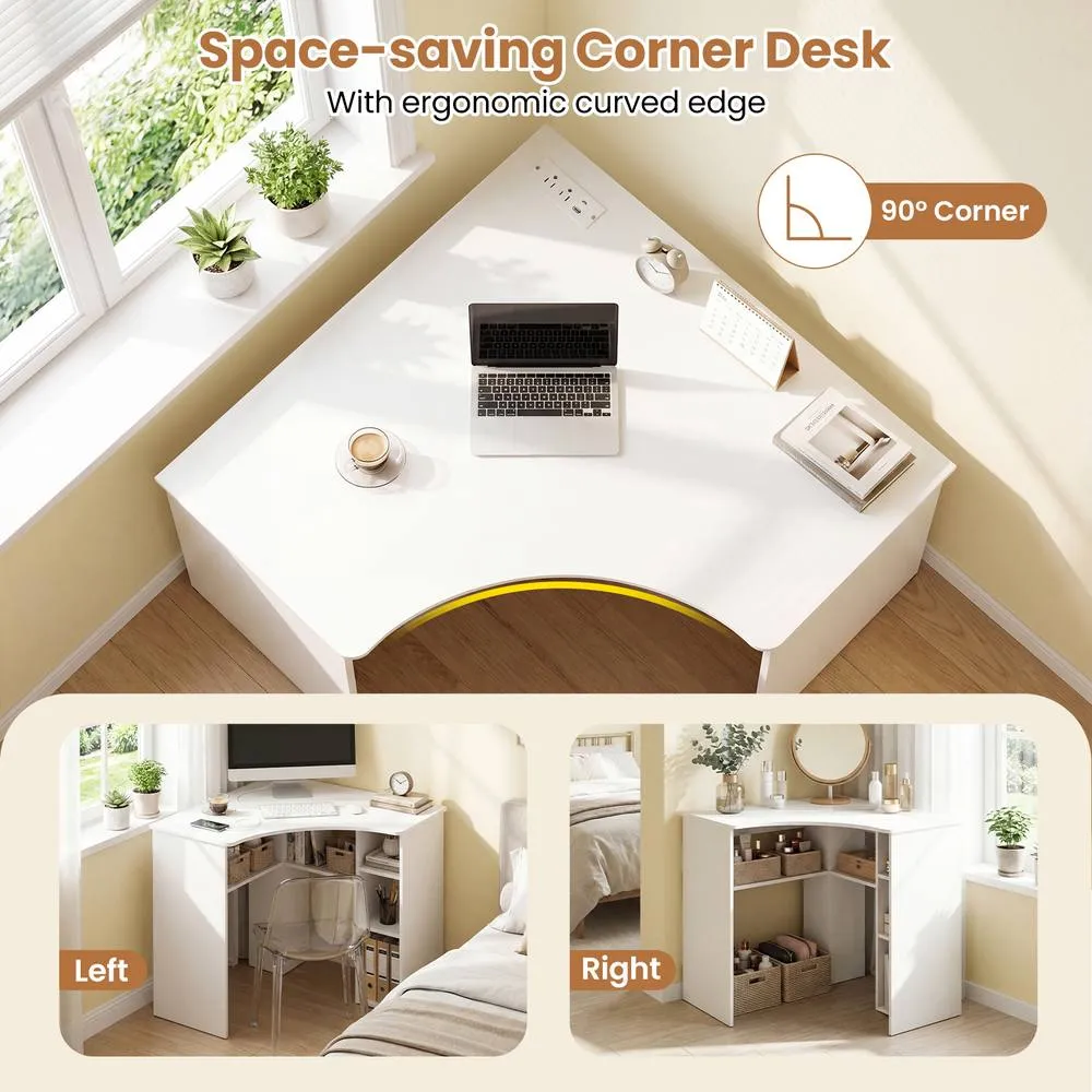 Costway Triangle Corner Computer Desk with Charging Station & Open Shelves in White 6