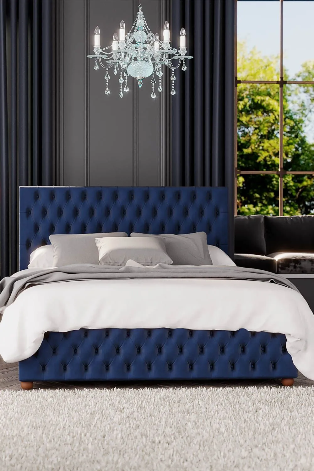 Laurence Llewelyn-Bowen Seren Ottoman Storage Bed in Plush Velvet Fabric, Custom Made in Navy