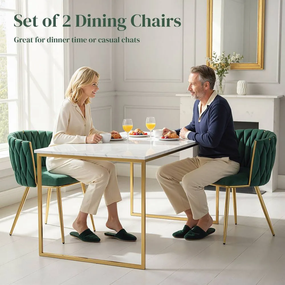 HOMCOM Upholstered Kitchen Chairs Set of 2 with Woven Backrest in Dark Green 4