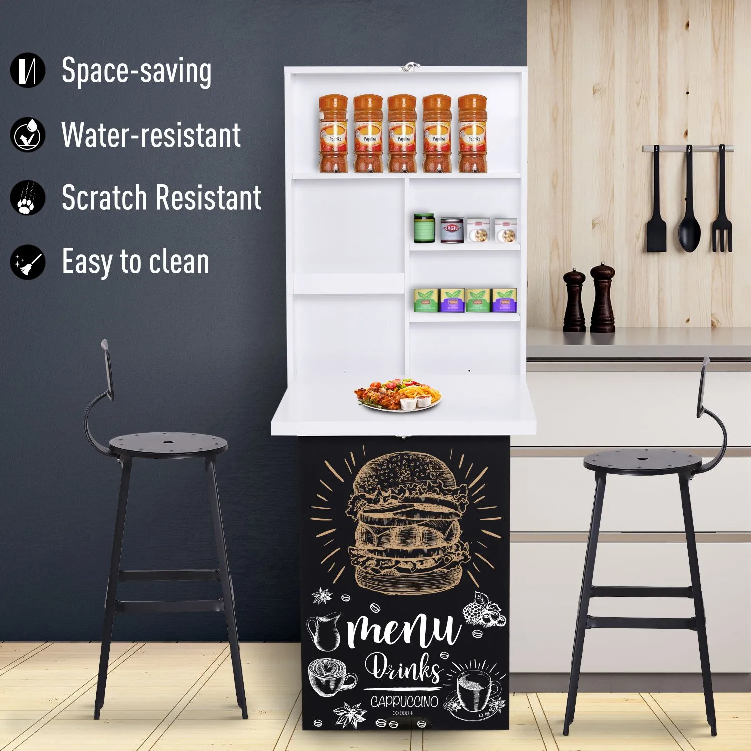 HOMCOM Multi-Functional Folding Wall-Mounted Drop-Leaf Table w/Chalkboard Shelf in White 4