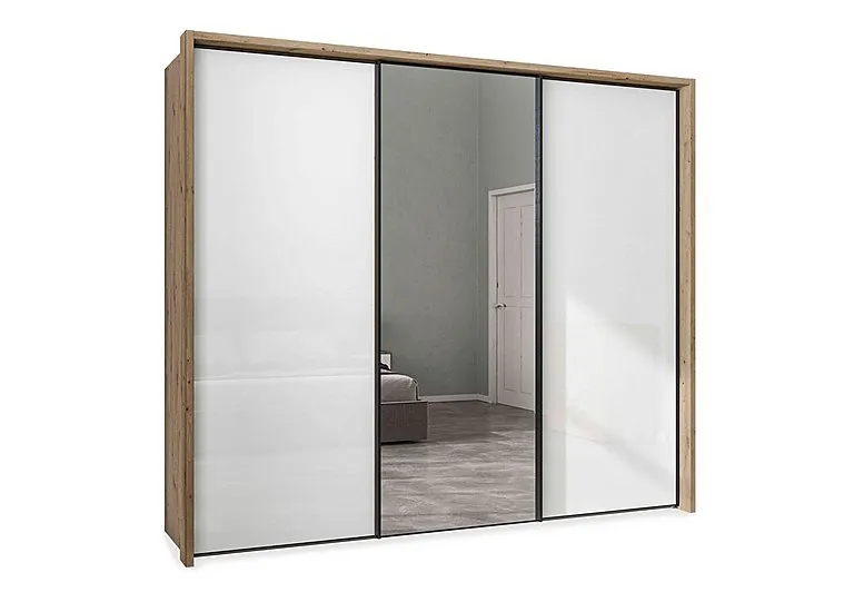 Dallas 260cm 3 Door Sliding Glass Wardrobe with Centre Mirror Door - Bianco Oak and White