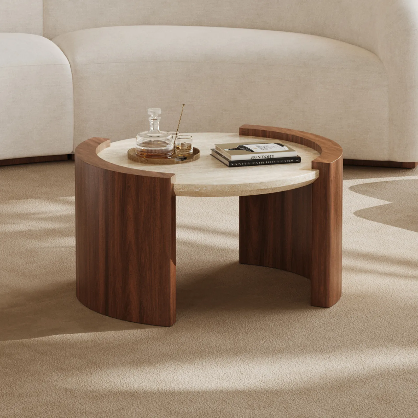 28" Walnut Round Coffee Table with Travertine Top