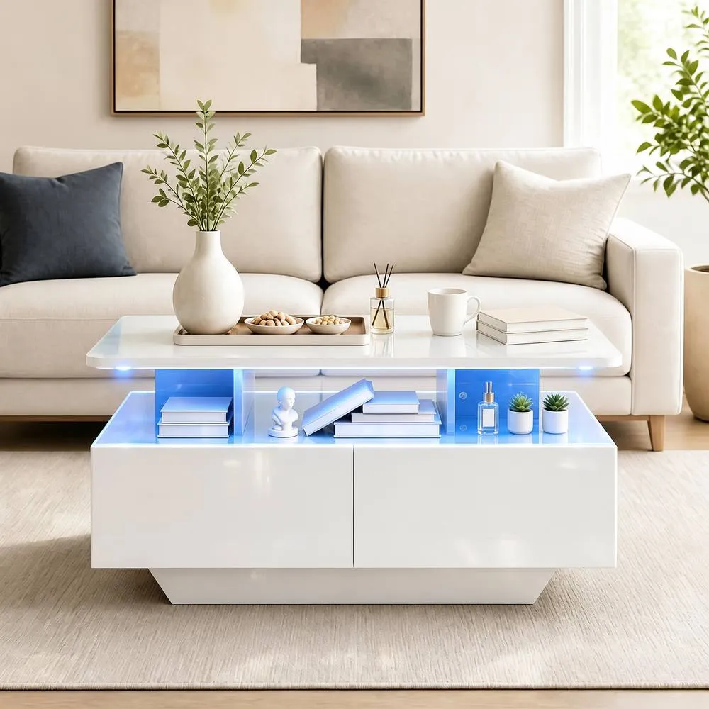 Costway Coffee Table 20-Colour Lighted High Glossy Center Table With 2 Drawers in White 3