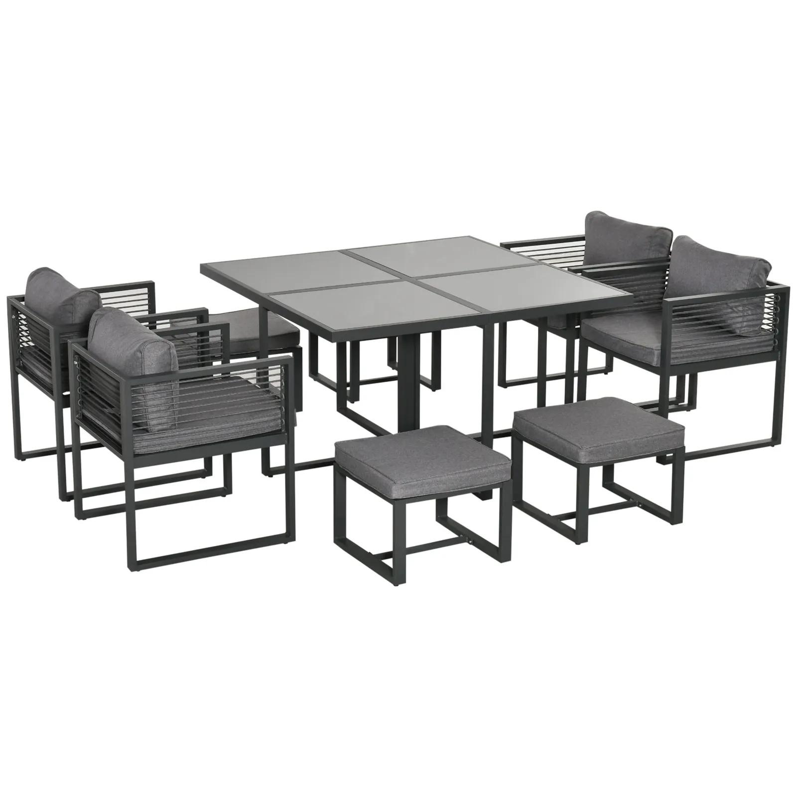 OUTSUNNY 8 Seater Aluminium Garden Dining Cube Setwith 4 Chairs 4 Footstools in Grey 2