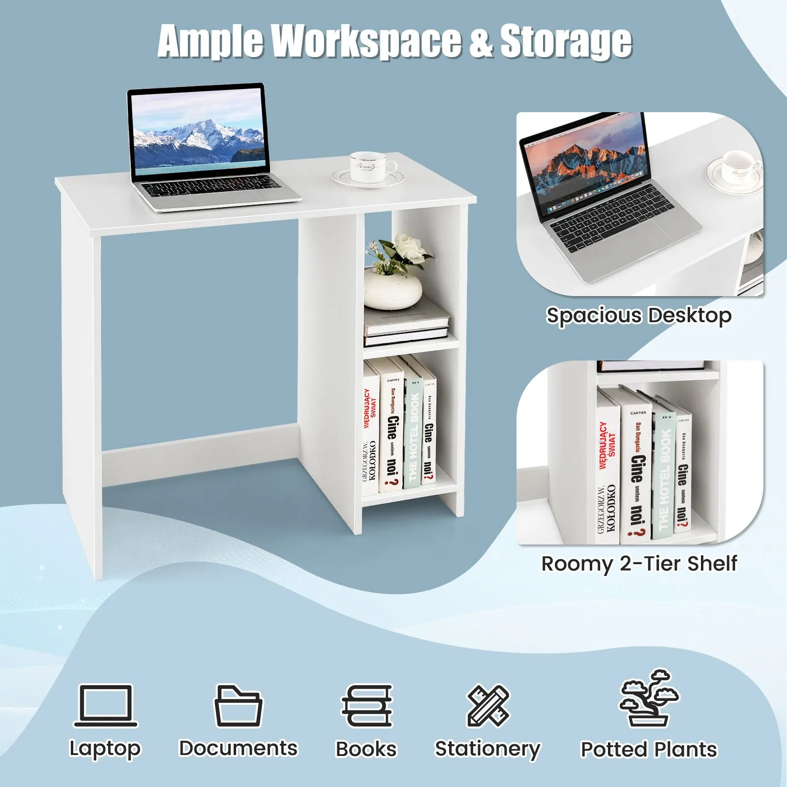 Costway Wooden Computer Desk Writing Desk PC Laptop Table W/2 Compartments in White 4