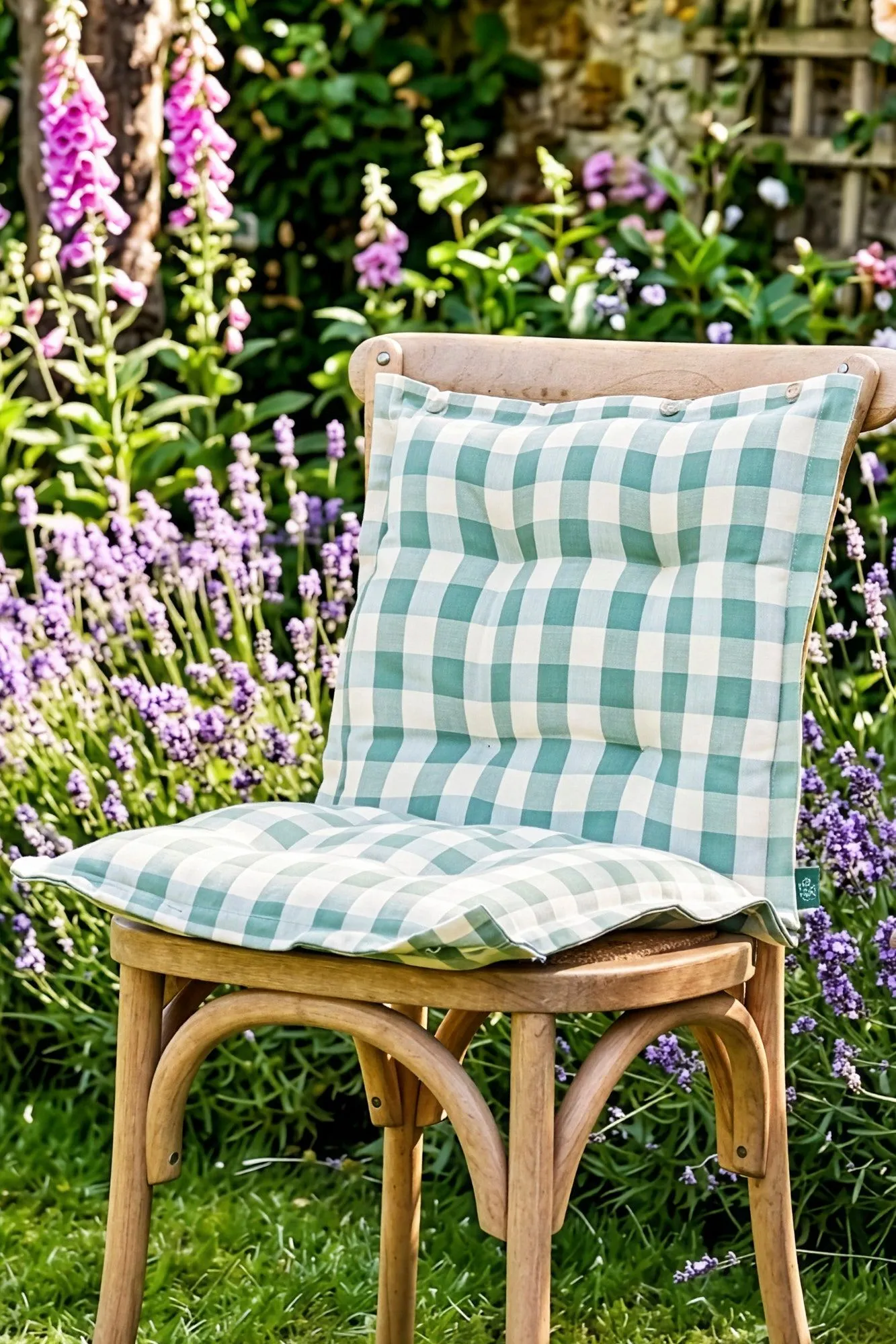 Dibor Set of 2 Green Gingham Summer Outdoor Garden Chair Seat Pad Cushions W40 x L40cm