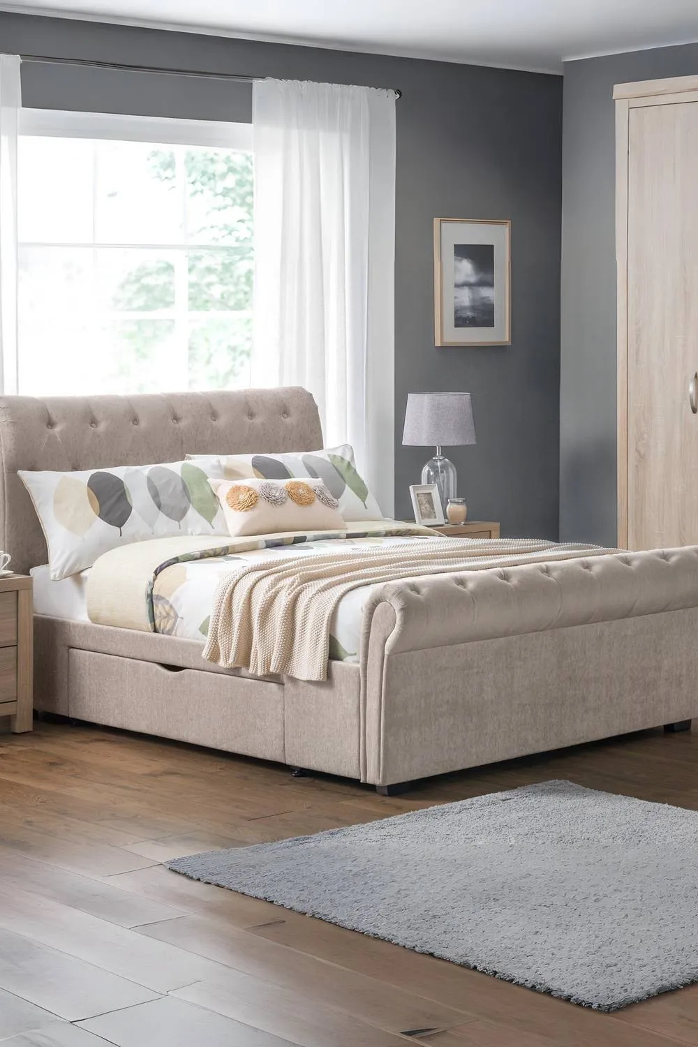 Julian Bowen Ravello King Beige Chenille Storage Bed with 2 Drawers