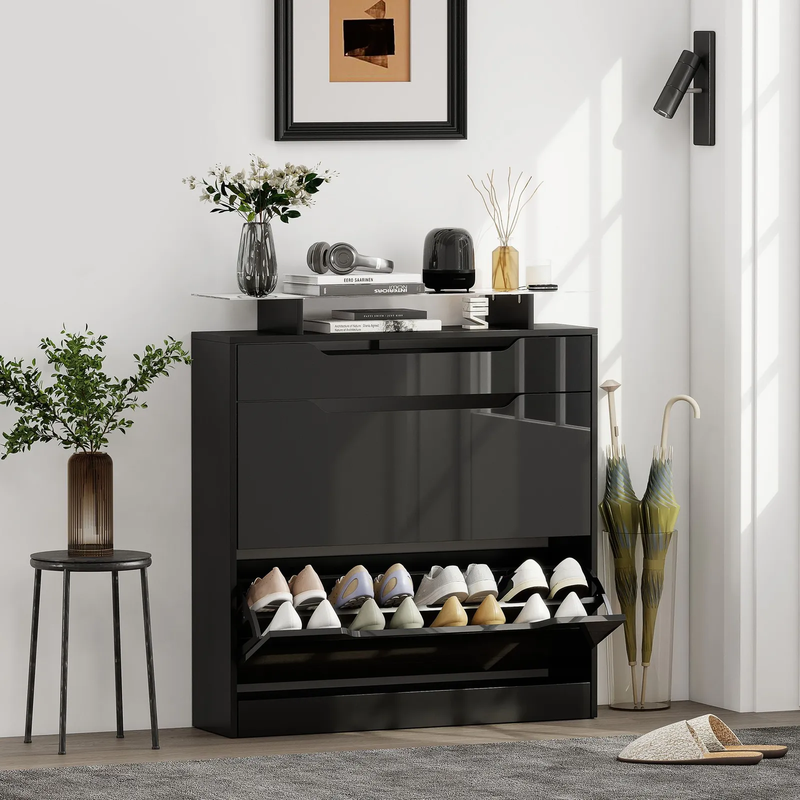 HOMCOM Shoe Cabinet with 3 Drawers, High Gloss Front Panels, Glass Top Black