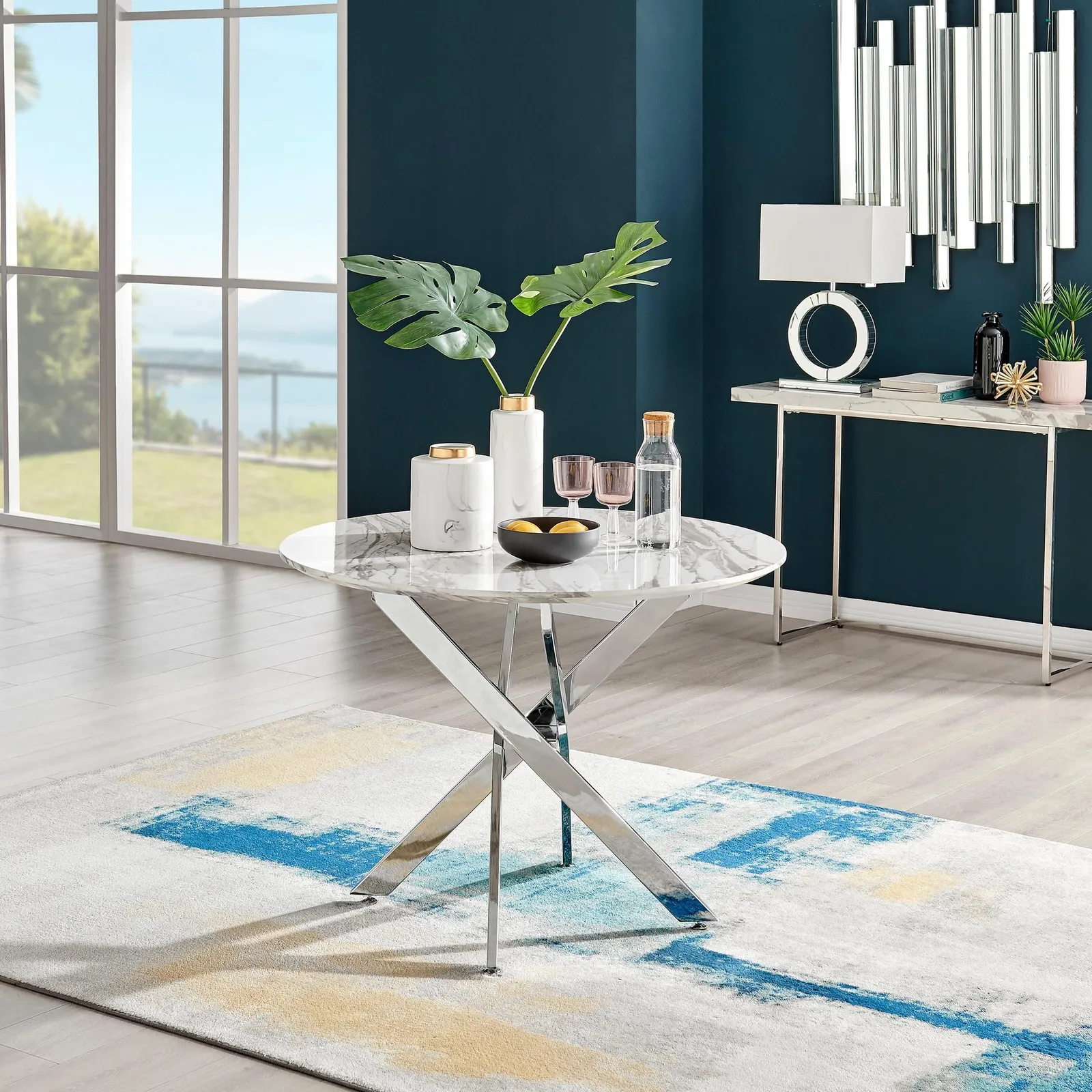FurnitureboxUK Novara 100cm Round 4-Seater Dining Table With Silver Chrome Legs in Off-White