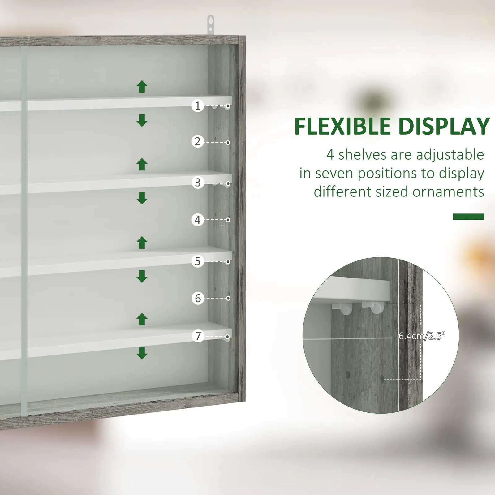 HOMCOM 5-Tier Wall Display Shelf Unit Cabinet w/ Shelves Glass Doors in Grey 4