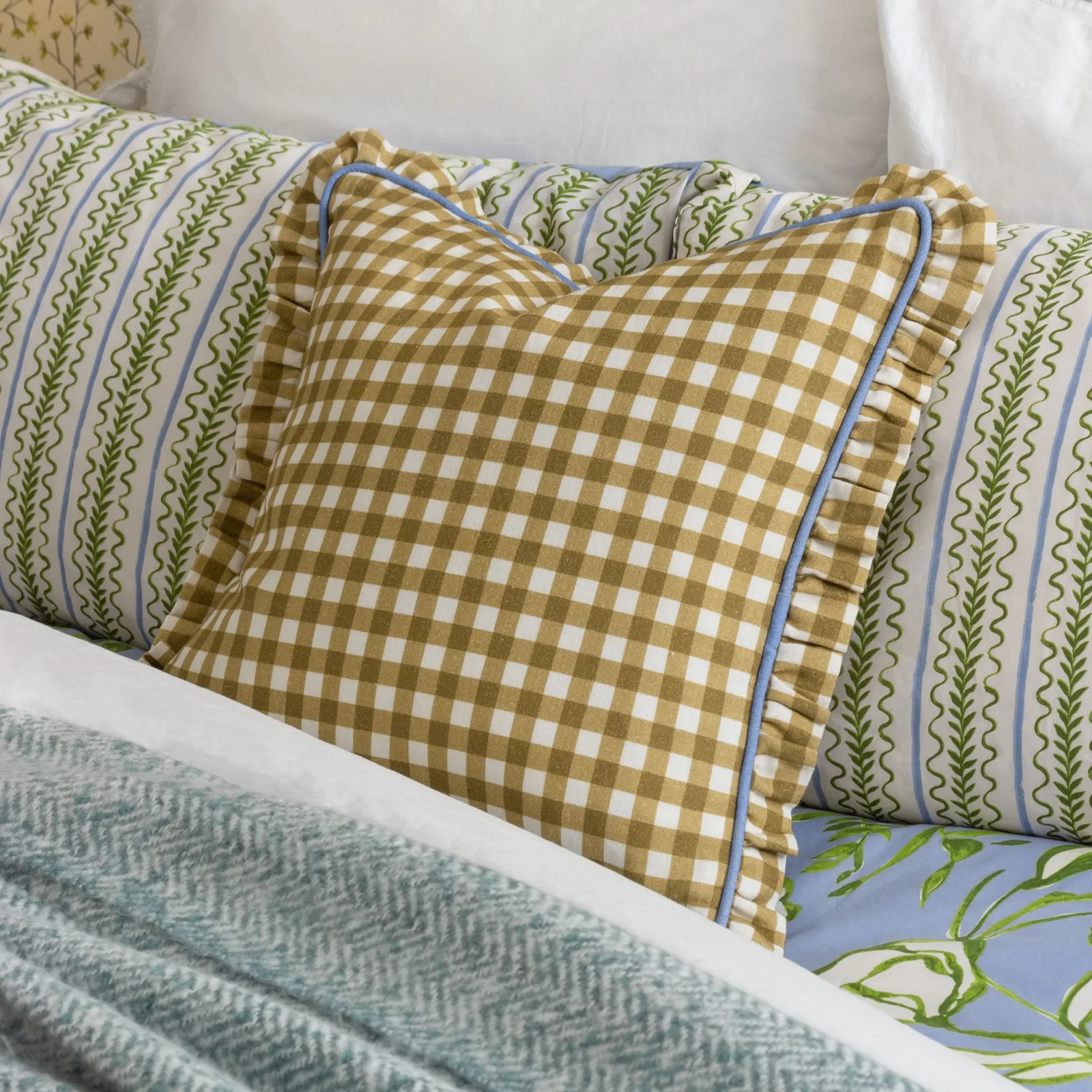 Furn Maude Gingham 100% Cotton Reversible Cushion in Gold