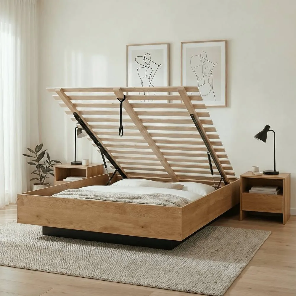 Nöa and Nani Koping Double 4ft6 Gas Lift Ottoman Bed with Storage in Natural Pine in Brown