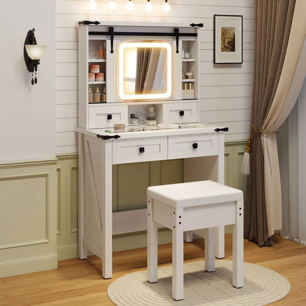 Costway Makeup Vanity Desk Set Wooden Dressing Table & Stool w/Mirror & Lights in White 5
