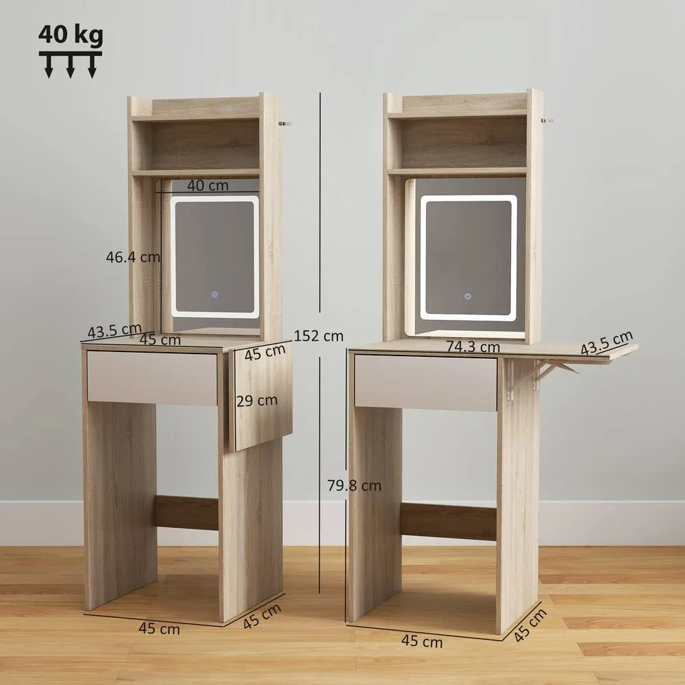HOMCOM Compact Dressing Table with Lighted Mirror Open Shelves Drawer in Natural 3