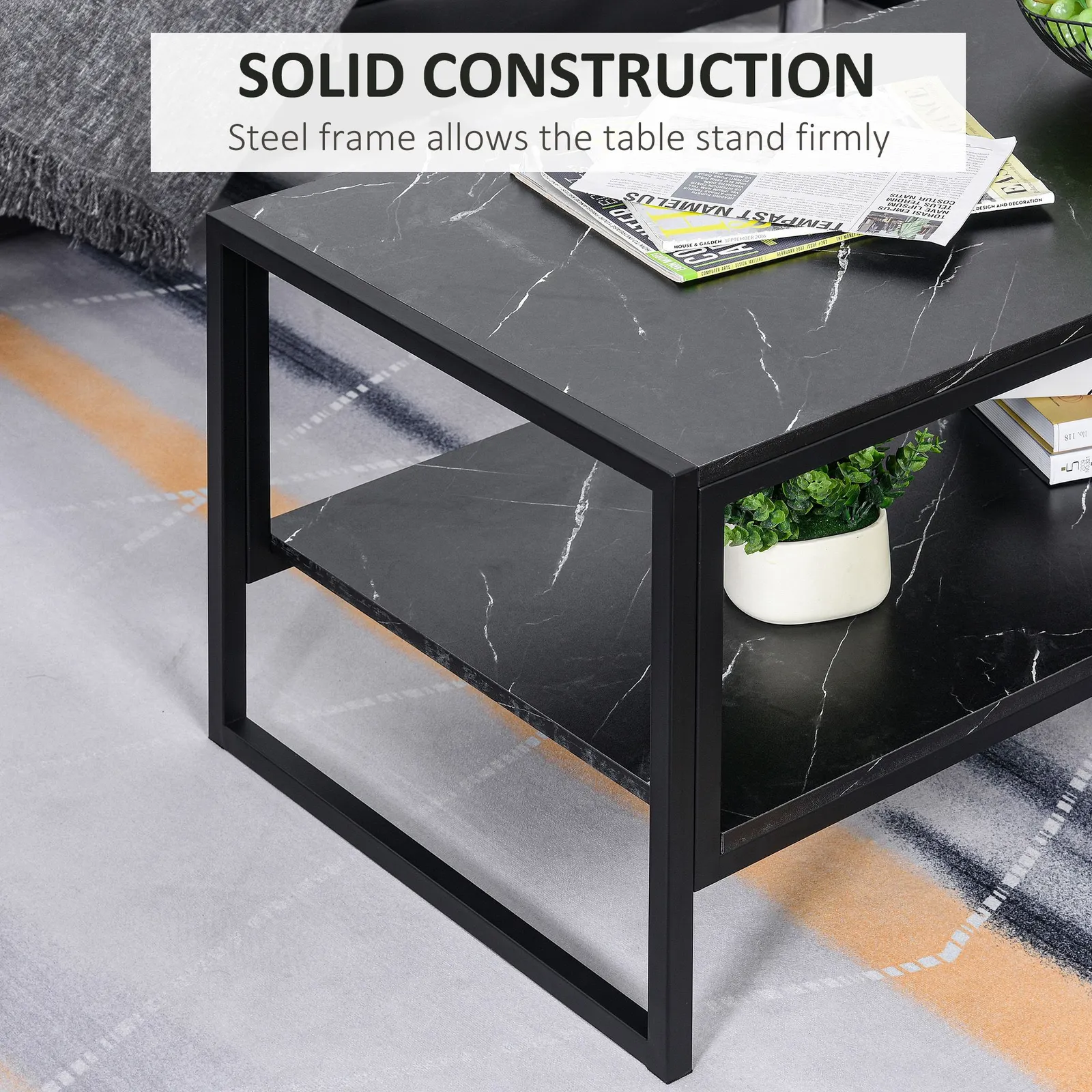 HOMCOM Elegant Two Tier Marble Effect Coffee Table Metal Frame in Black 5