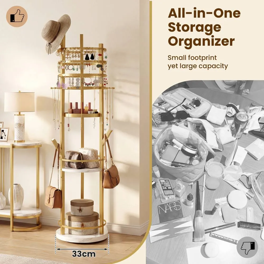 Costway Rotating Jewelry Stand Jewelry Display Tower w/Earring Necklace Holder in Gold 6