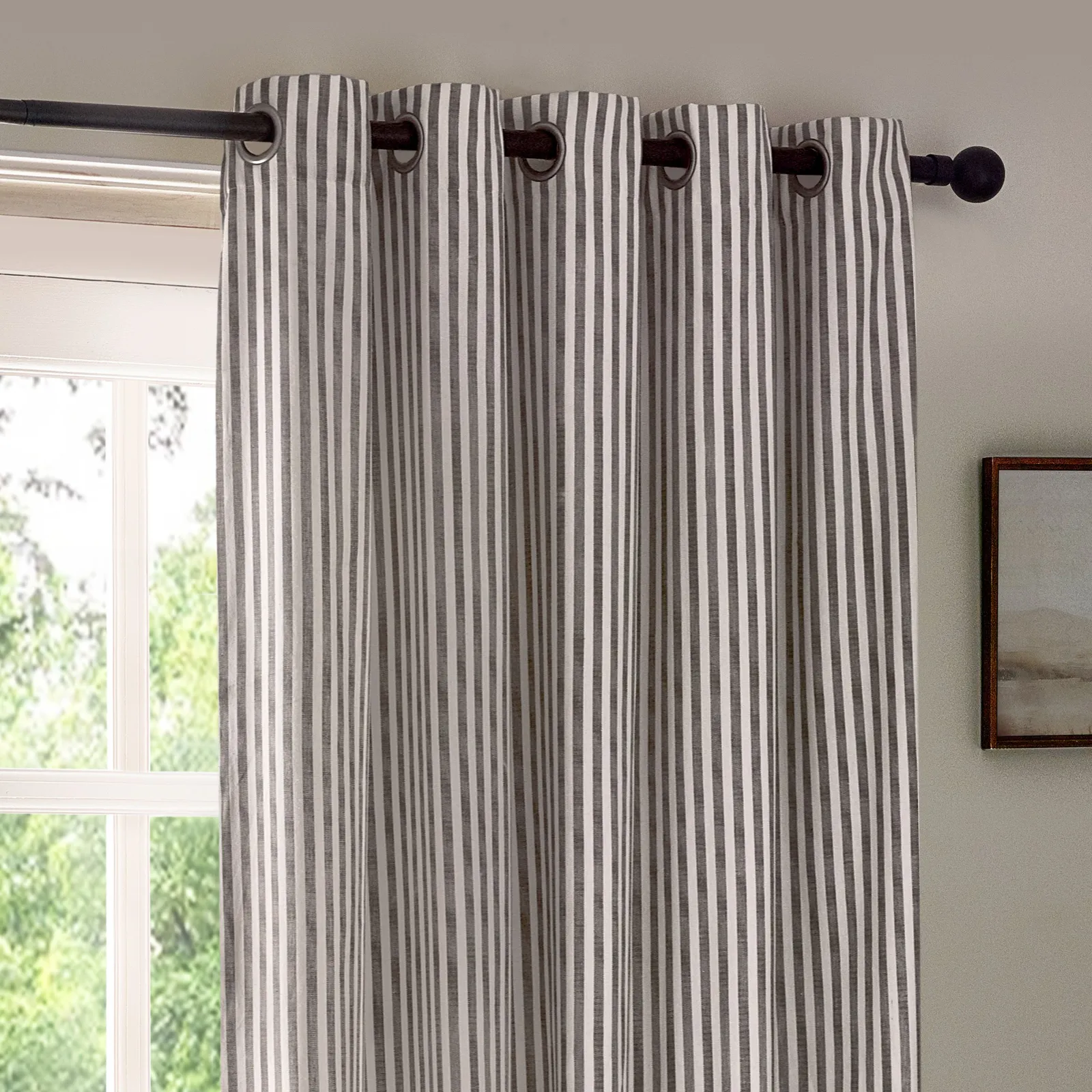 Yard Hebden Striped 100% Cotton Lined Eyelet Curtain Pair in Grey 4