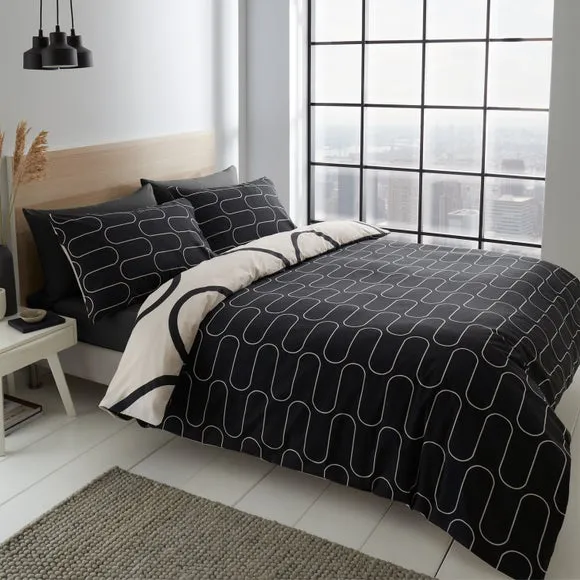 Catherine Lansfield Linear Curve Geometric Black Reversible Duvet Cover & Pillowcase Set 2