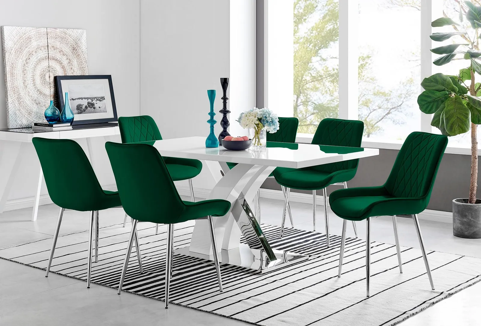 FurnitureboxUK Atlanta 6 White Dining Table & 6 Pesaro Silver Leg Chairs in Green
