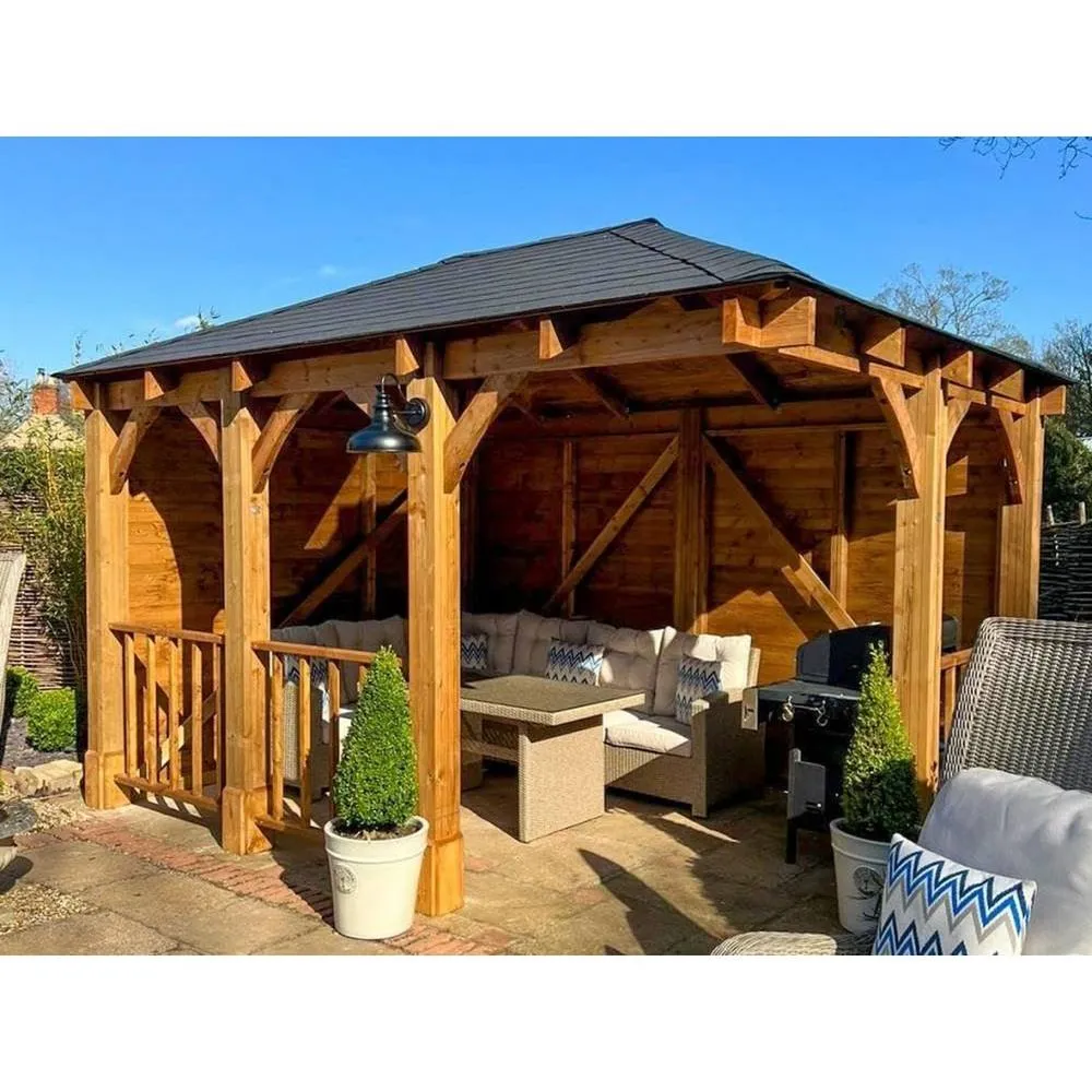 Dunster House Corner Wooden Gazebo 4m x 3m with Roof Shingles - Leviathan in Brown 2