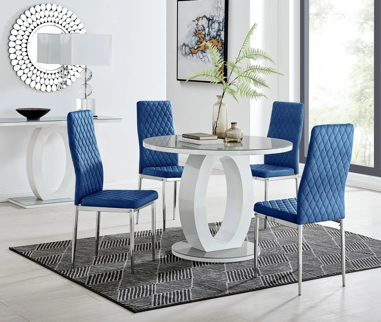 FurnitureboxUK Giovani Round 4 Seat 100cm White High Gloss Halo Base Grey Glass Top Dining Table 4 Soft Velvet Silver Leg Milan Chairs in Navy 1