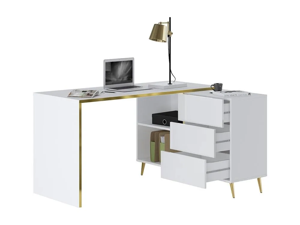 Vente-unique Corner Desk With Drawers & Open Compartments - Gloss White & Gold 6