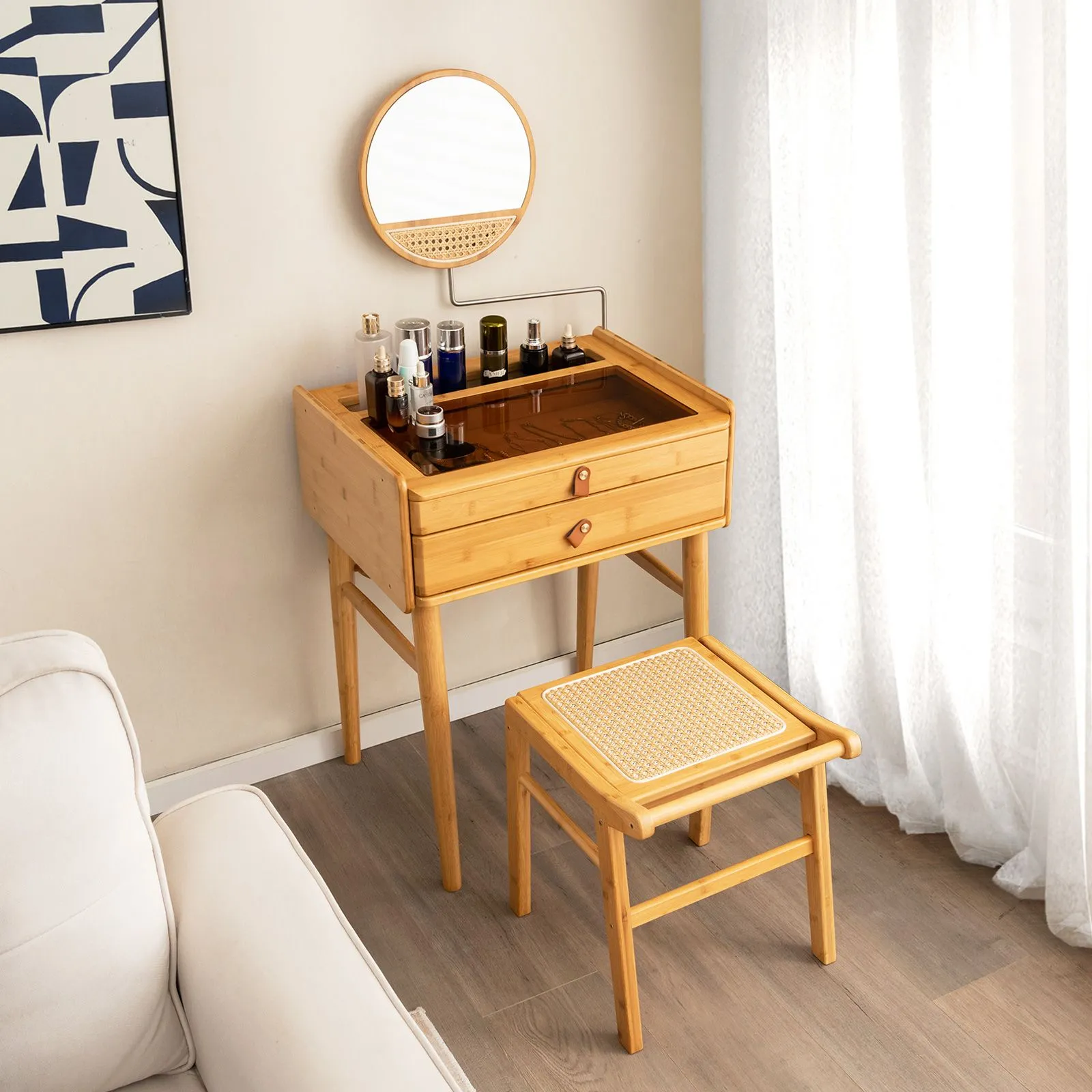 Costway Bamboo Vanity Stool Living Room Makeup Dressing Rattan Top Ottoman Footrest in Natural 6