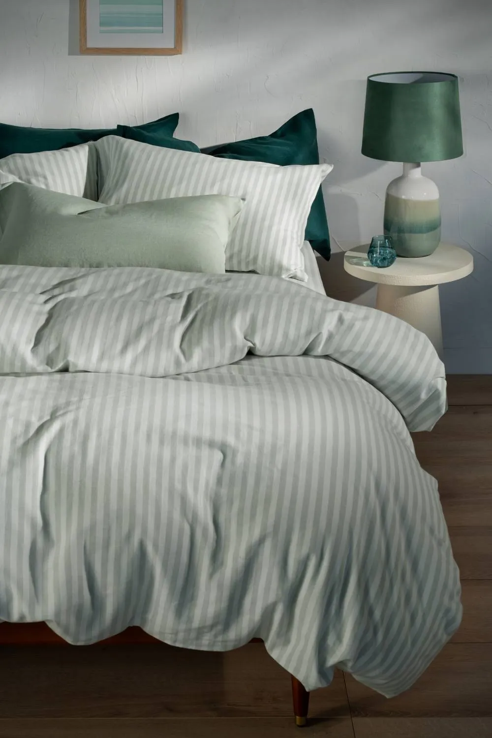 Soak&Sleep Misty Green Herringbone Stripe Cotton Bed Set 1
