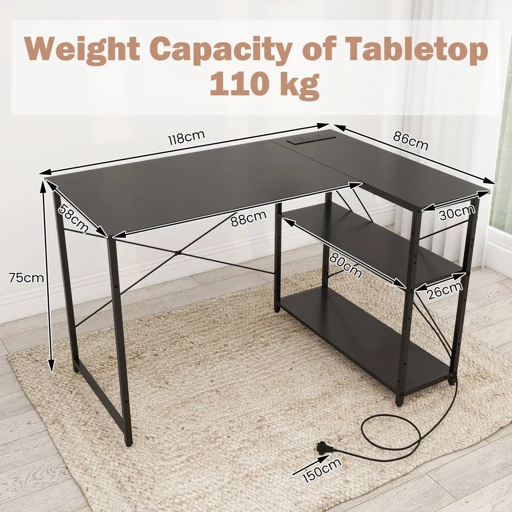 Costway L-shaped Computer Desk w/Power Outlet Workstation w/Reversible Shelves in Black 2