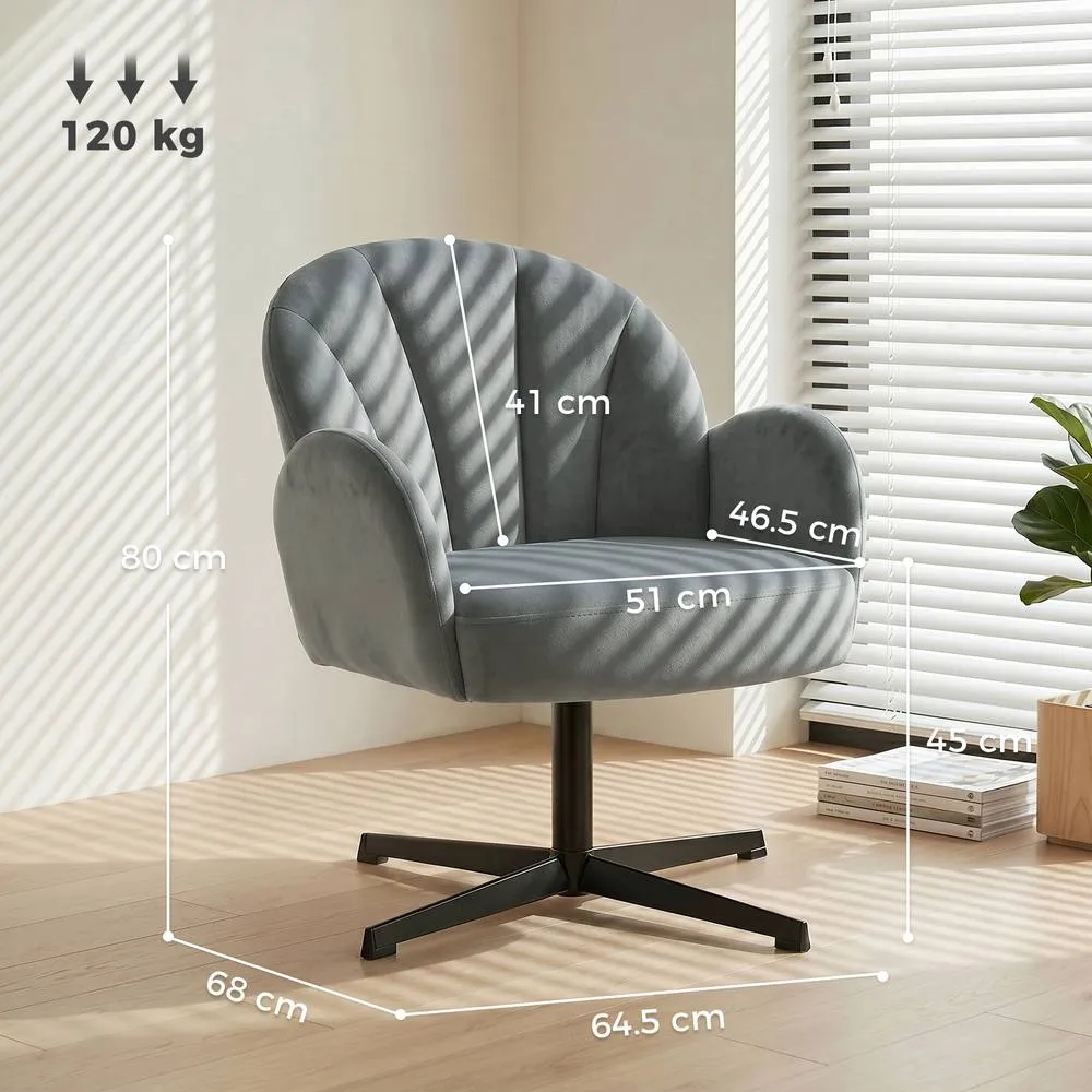 HOMCOM Modern Accent Chair, Shell Swivel Armchair, Velvet-Feel Fabric in Grey 3