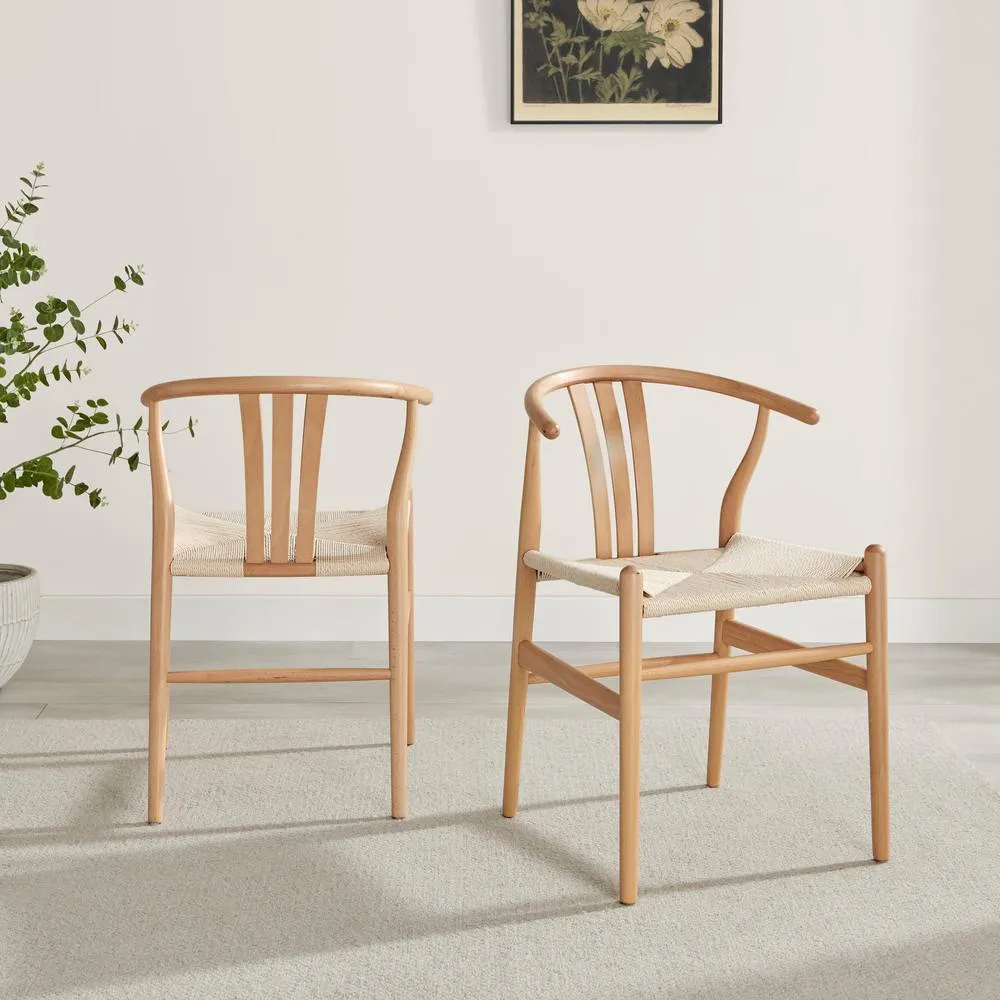 FurnitureboxUK 2x Caia Oak Effect Wood & Rope Wishbone Dining Chairs in Beige 2