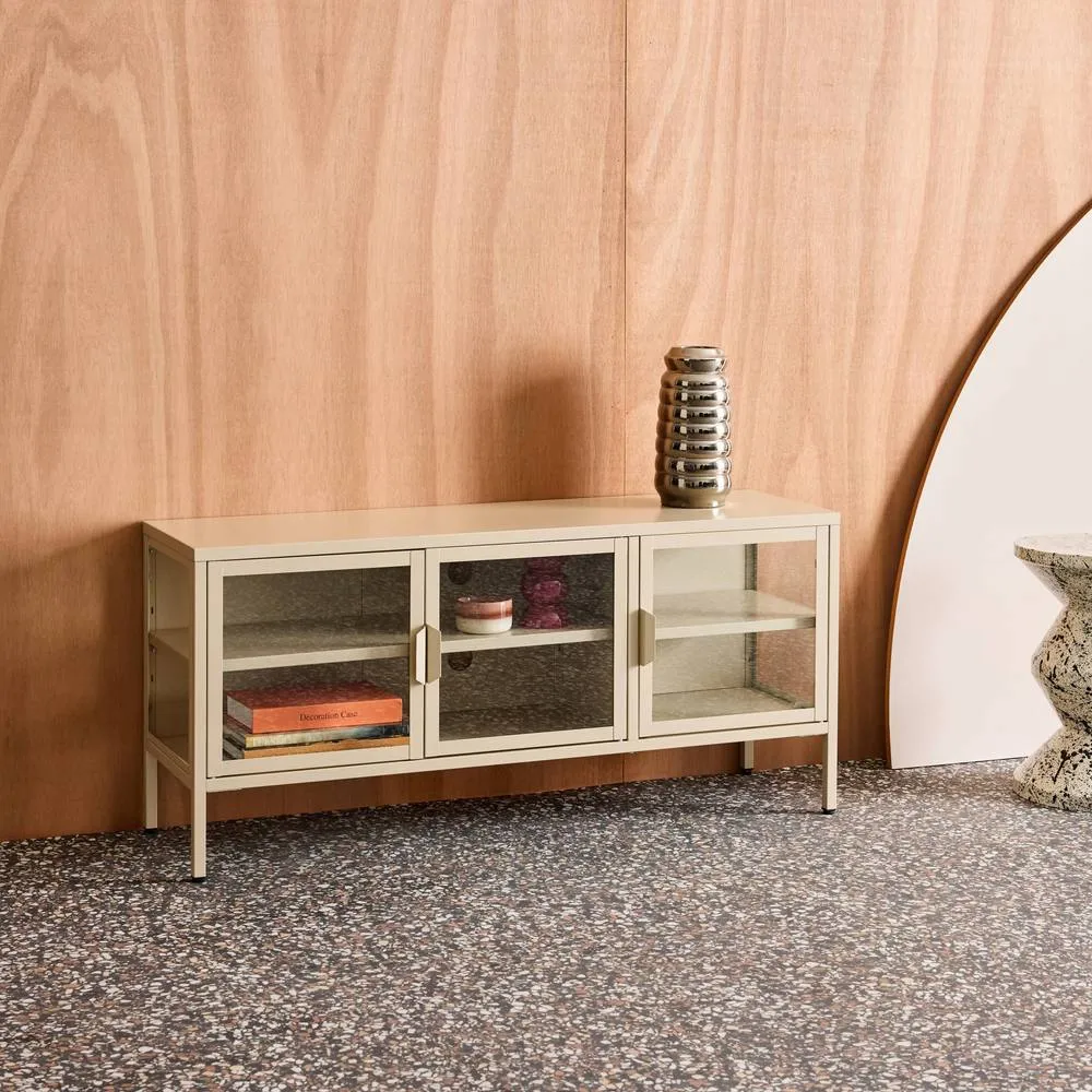 sweeek Industrial metal & tempered glass TV stand with 3 doors 120cm in Beige 6