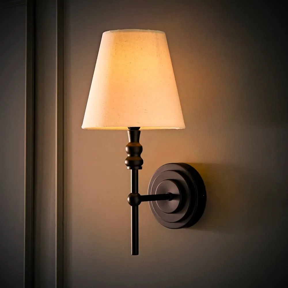 ValueLights Maggie Pair of Wall Lights with Linen Tapered Lamp Shades & Bulbs in Black 2
