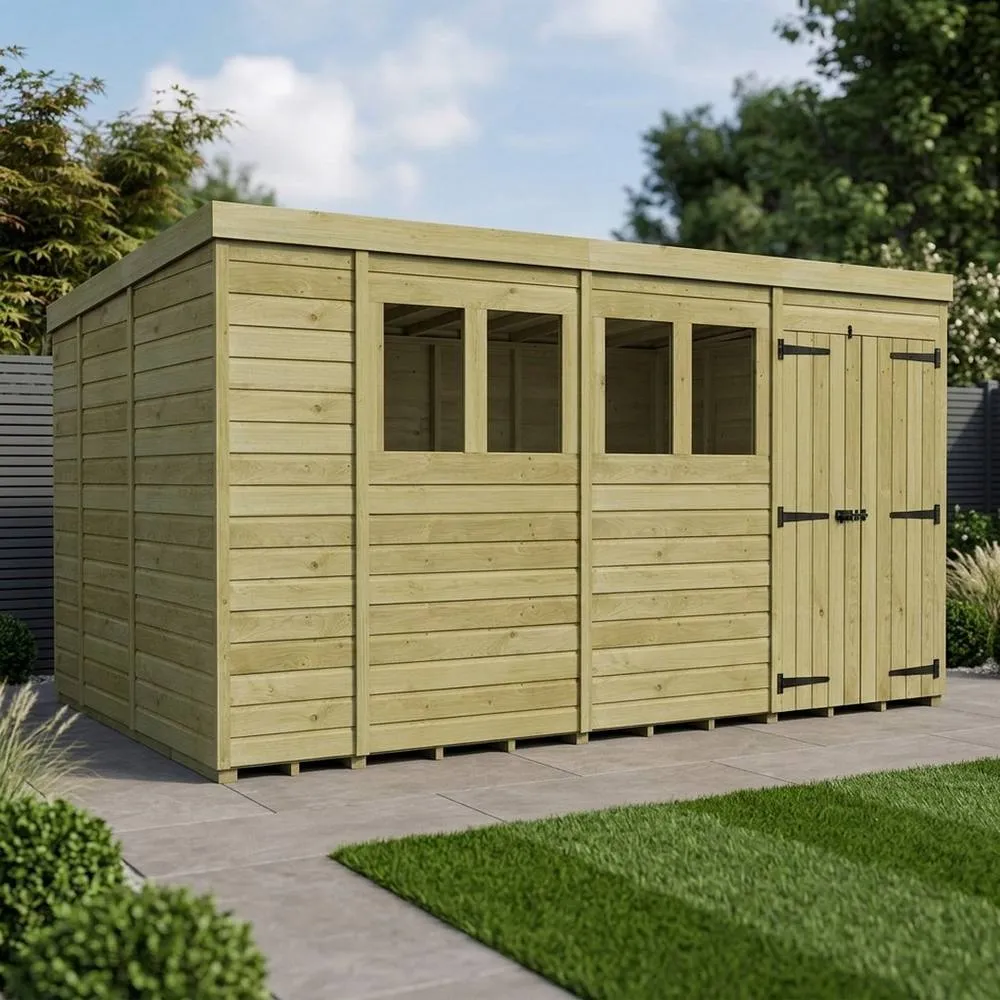 Buttercup Farm 14ft x 9ft Pent Garden Shed Double Door With Windows - Timber in Brown 2