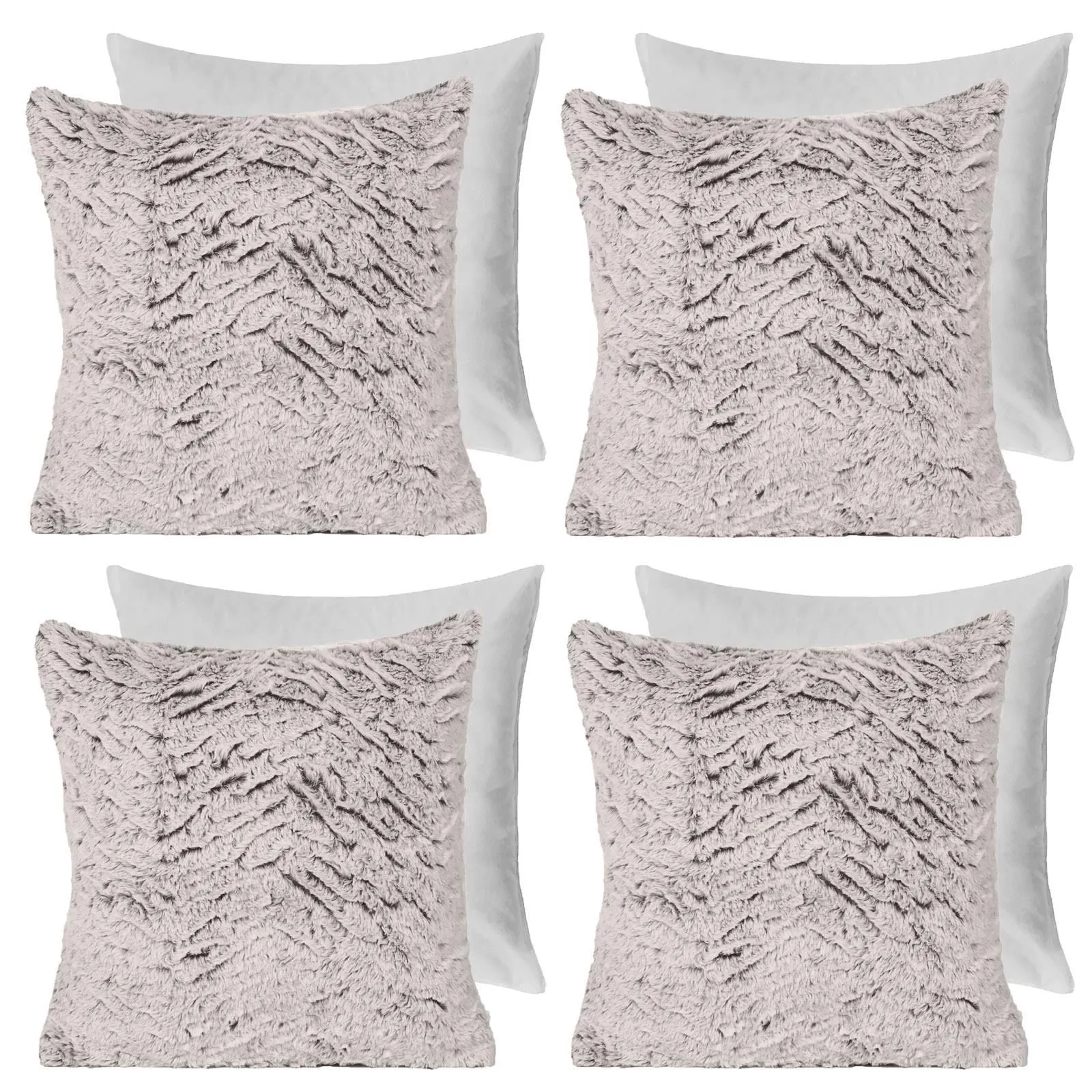 OHS 4 Pack Two Tone Faux Fur Soft Fleece Filled Cushion Covers - 45 x 45cm in Natural