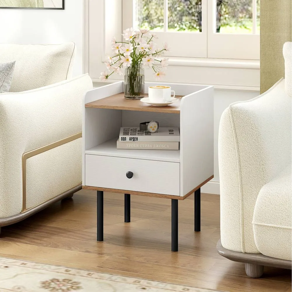 Costway 1 Pcs Nightstand Bedside Table with Drawer & Open Storage Shelf-White in White