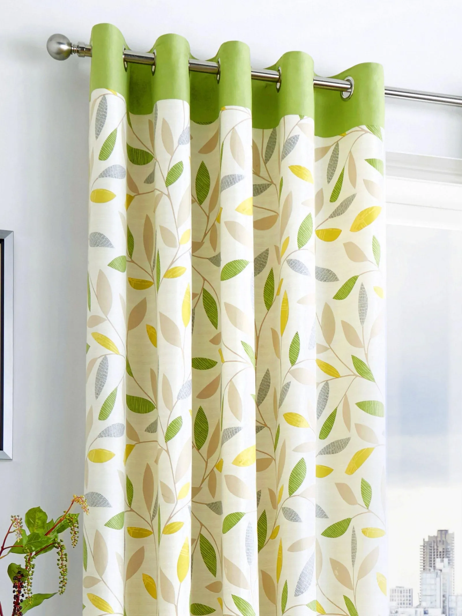 Fusion 'Beechwood' Leaf Trail Pair of 100% Cotton Eyelet Curtains in Green 2