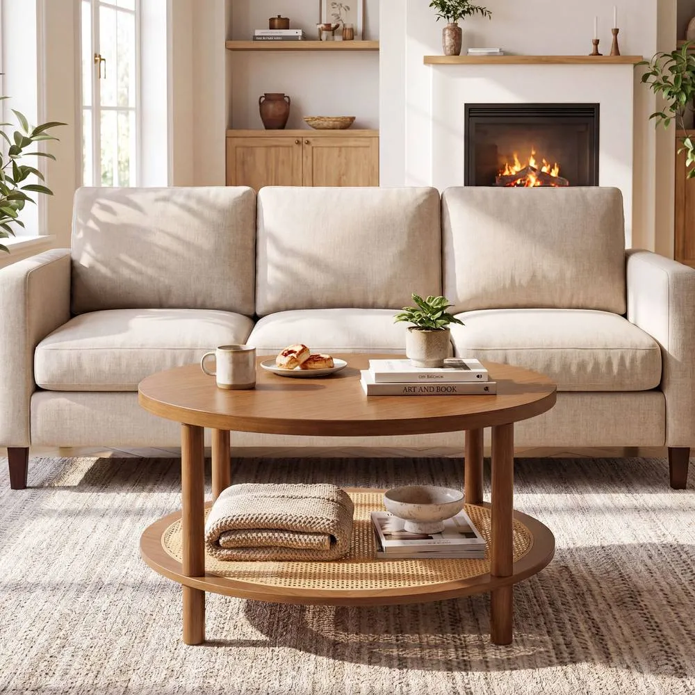 Costway Rattan Coffee Table 2-Tier Round Center Table with Wood Veneered Top in Brown 5