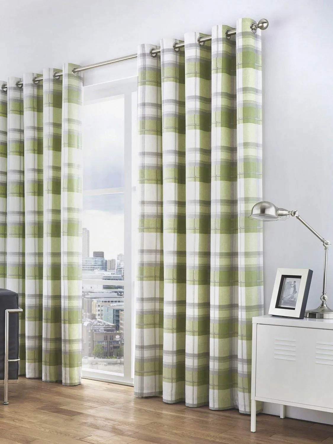 Fusion 'Balmoral Check' Country Checked Pattern Pair of Eyelet Curtains in Green 3