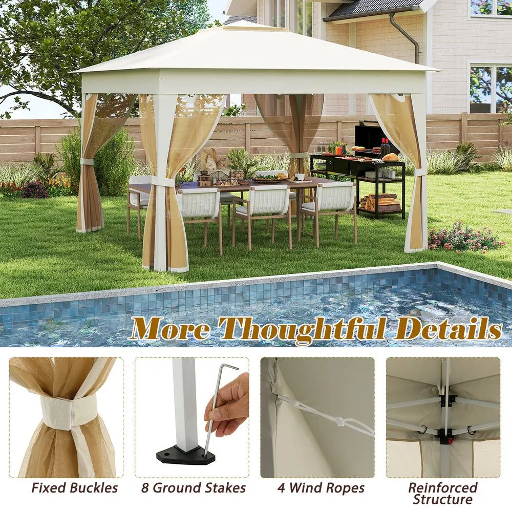 Costway 338 x 338 CM Pop Up Gazebo Foldable Canopy Tent w/Mesh Netting in Beige 6
