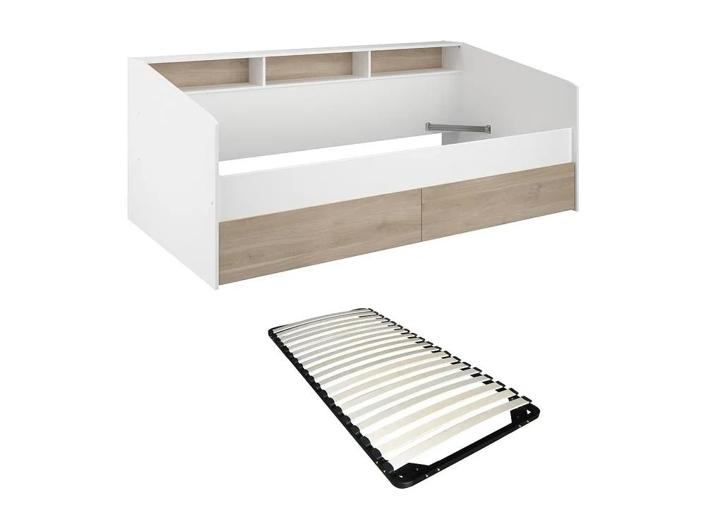 Vente-unique Bed 90 X 190/200 Cm With Storage - White & Natural + Bed Base in Light Oak 2