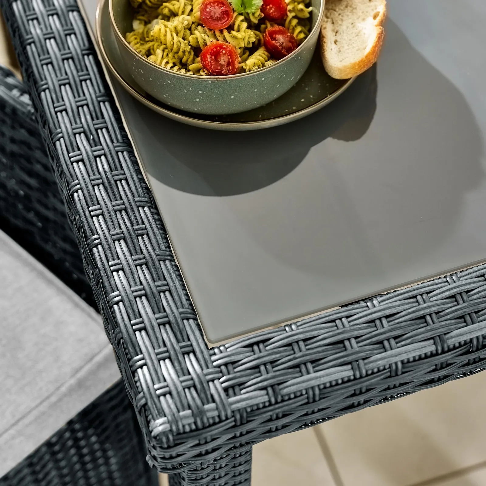 FurnitureboxUK Barbados Rattan Outdoor Garden Dining Set, PE Rattan & Cushions, 4 Chairs 1 Square Glass Top Outdoor Table in Grey 4