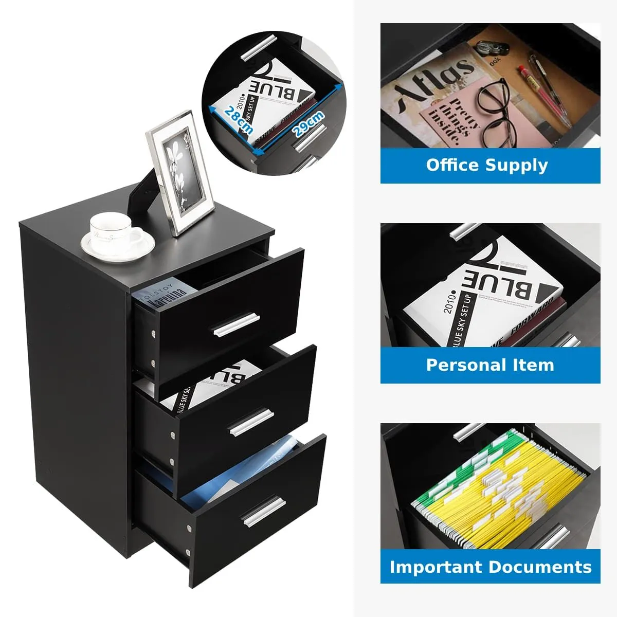 Costway 2Pcs 3-Drawer Chest Storage Cabinet Dresser Night Stand Organizer Black 4