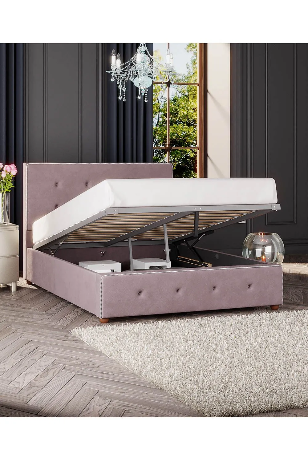 Laurence Llewelyn-Bowen Hesper Ottoman Storage Bed in Plush Velvet Fabric, Custom Made in Rose 2