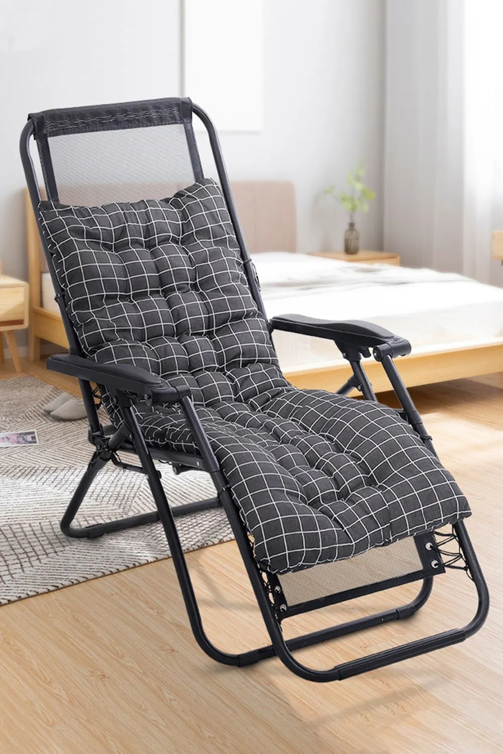 Living and Home 125cm L x 48cm W Plaid Print Beach Chair Seat Cushion Button Tufted Lounge Cushion in Black