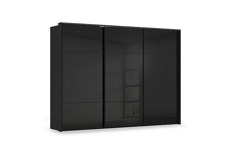 Haven 310cm 3 Door Slider Wardrobe with Glass Doors and Lights - Black Glass