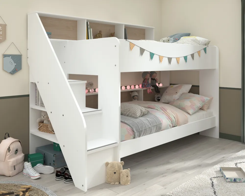 Bibliobed White and Oak Staircase Bunk Bed - EU Single